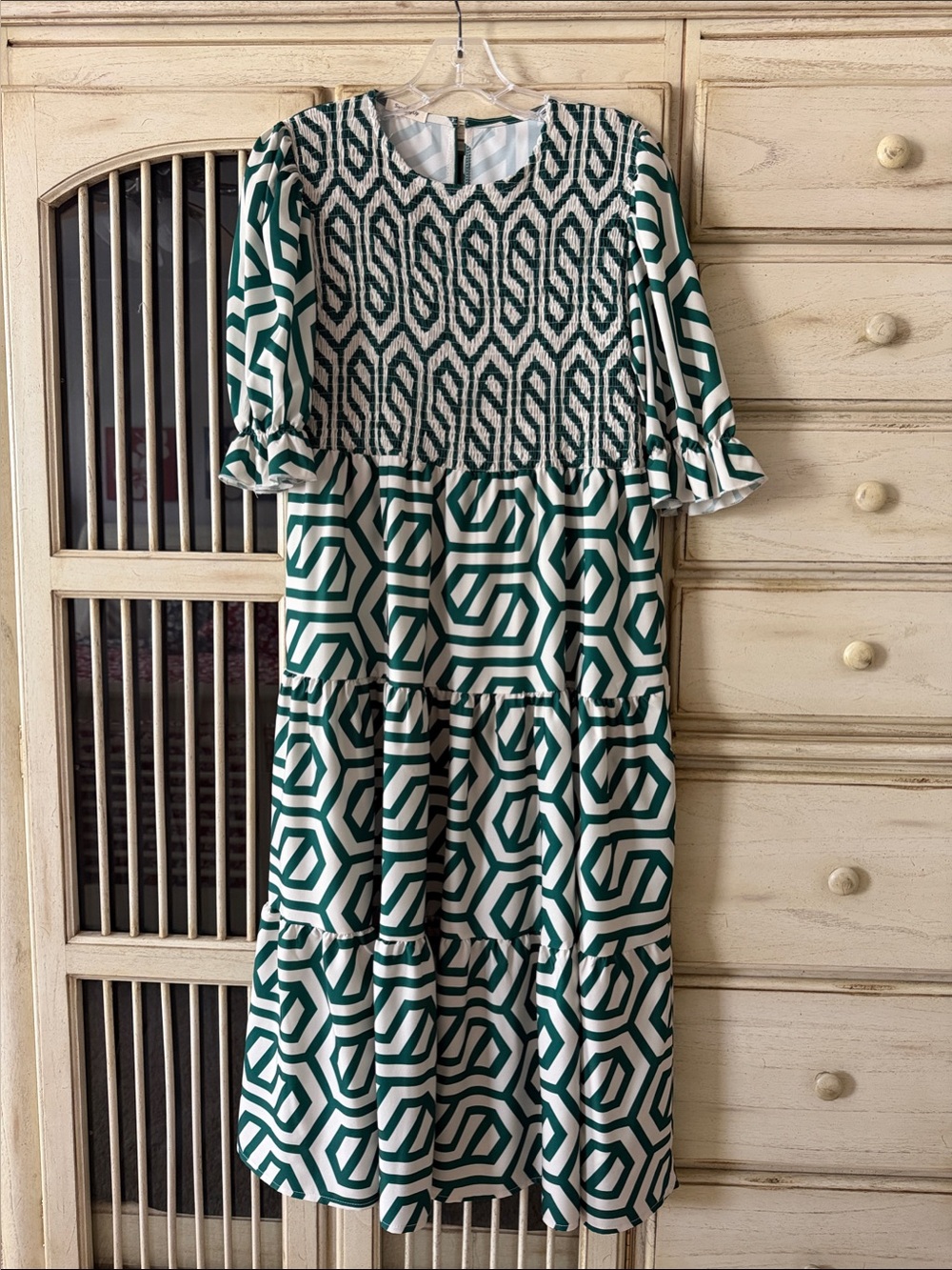 Green and Cream Geometric Tiered Midi Dress